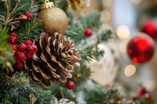 A close-up shot of a decorated Christmas tree, ideal for festive holiday scenes or winter-themed designs - Powered by Adobe