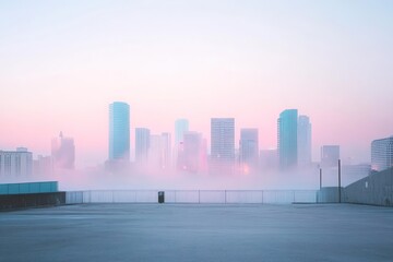 Fototapeta premium City skyline shrouded in fog during a colorful sunrise