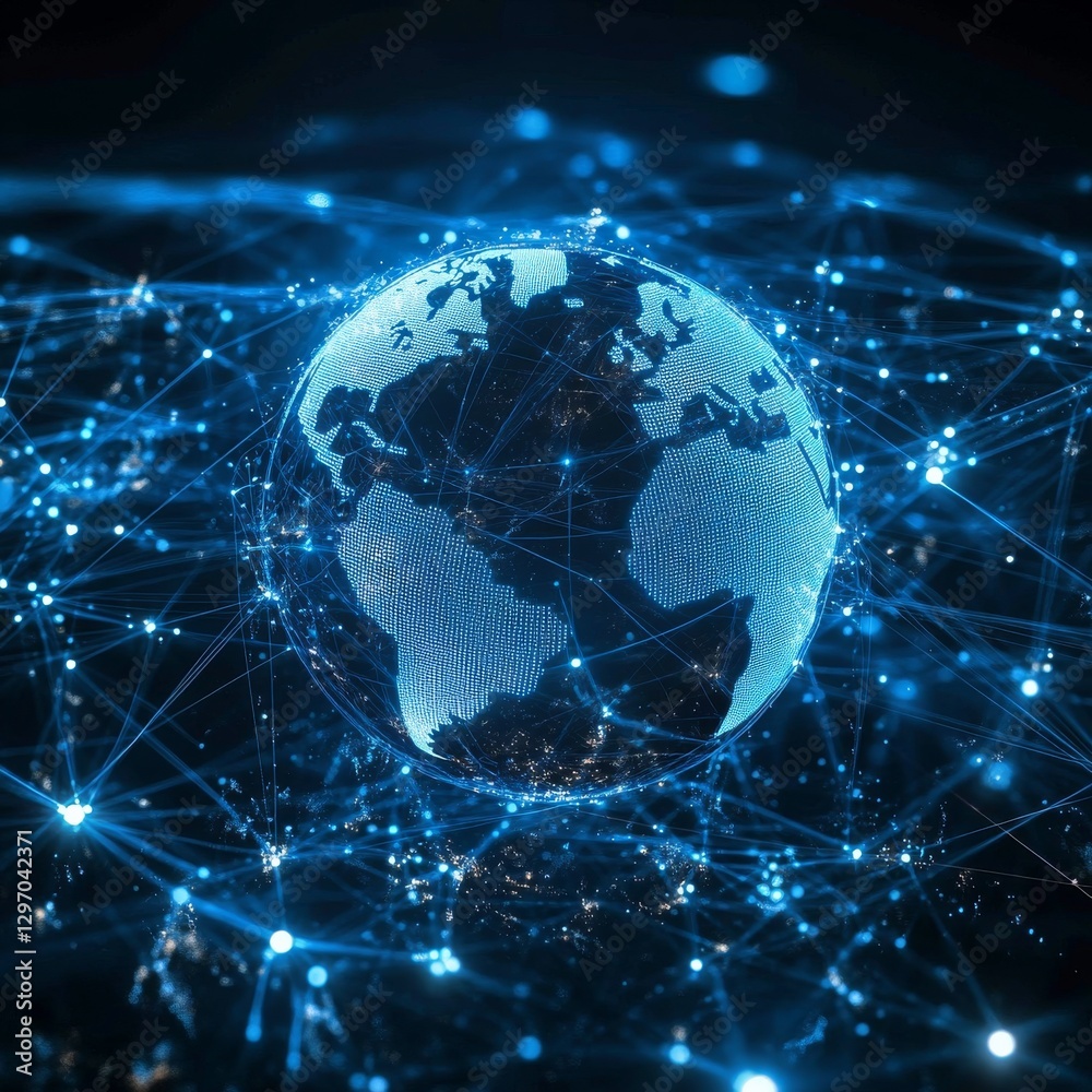 Leinwandbilder global network connectivity: a digital blue earth surrounded by interconnecting lines and data nodes