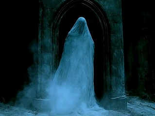 A spectral figure shrouded in a luminous blue veil appears