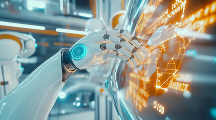 A humanoid robot using a futuristic touchscreen interface with glowing data, symbolizing artificial intelligence, automation, and digital transformation.