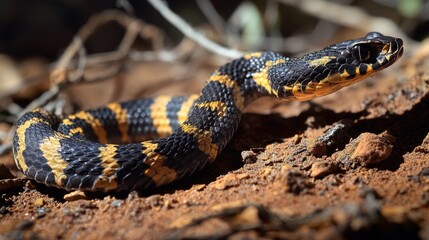 Obraz premium A close-up shot of a snake resting on a dirt surface