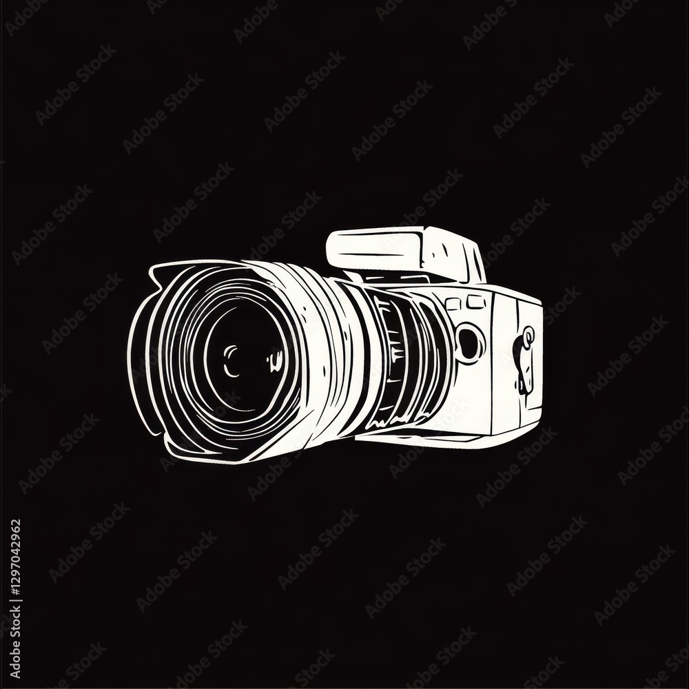 Aufkleber monochrome illustration of a camera with a large lens and a flash unit on a solid black background