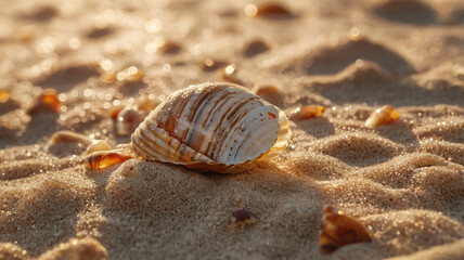 Sunset Dreams. Sand grains glow in the evening light with shells.