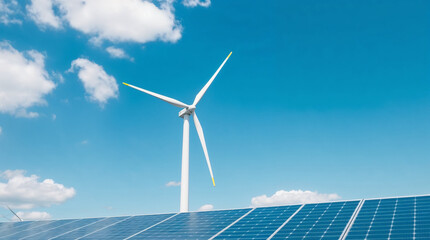 Solar panels with wind turbine on blue sky. concept of clean energy. green technology for future