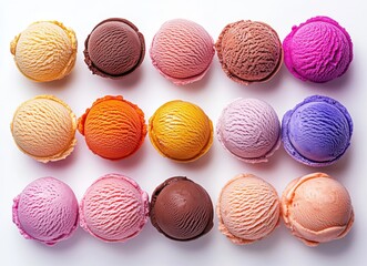 A Colorful Array of Ice Cream Scoops Displayed in a Neat Grid Pattern on a White Background, Perfect for Food and Dessert Themes