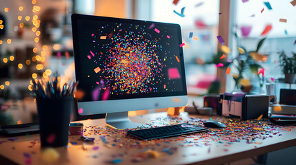 A computer monitor sits on a desk with a pile of confetti