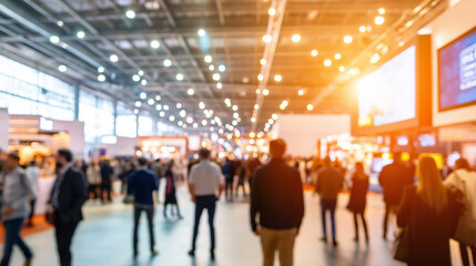 A busy trade show or exhibition hall with blurred attendees in the background and bright bokeh lights in the foreground