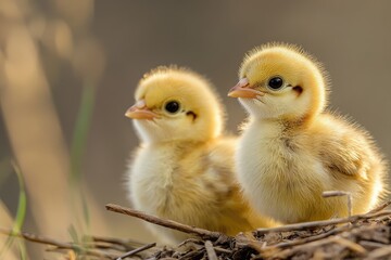 Two small yellow birds perched on their nesting site, showing their natural habitat