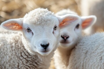 Two white sheep standing side by side, a peaceful scene
