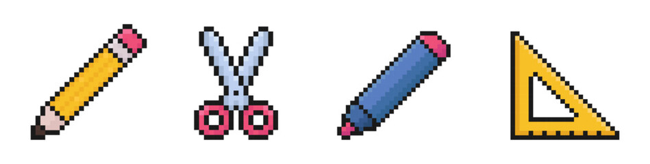 school supplies pixel art icons, back to school, 80s, 90s, old arcade game item style, pencil, scissors, pencil, marker, ruler, triangle, vector illustration