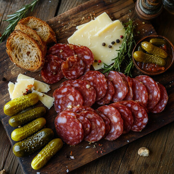 Traditional lukanka sausage with cheese, pickles, and bread on a wooden board