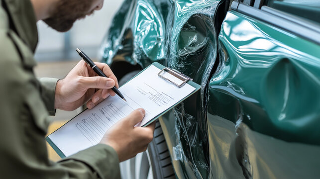 An insurance adjuster or police officer writing a report on a clipboard beside a damaged car.