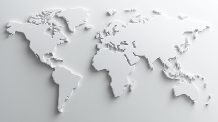 A white 3D world map with embossed continents on a minimalist background.
