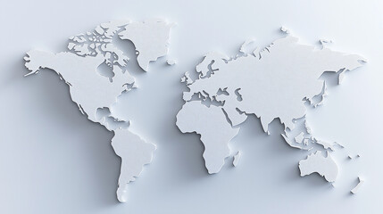 A white 3D world map with embossed continents on a minimalist background.
