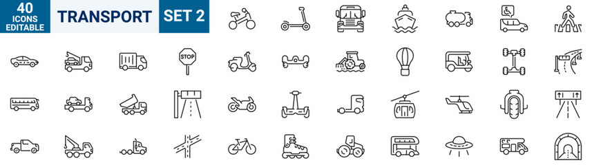 Transport web line icons. Containing car, bike, plane, train, bicycle, motorbike, bus and scooter. Editable stroke. Vector illustration © Ruslan Ivantsov