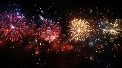 Vibrant fireworks light up the night sky in a dazzling display of colors.