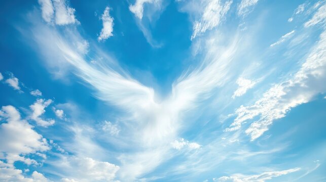 A serene sky filled with clouds shaped like an angelic figure, evoking peace and tranquility.