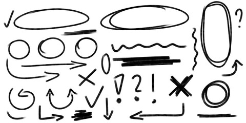 Set of hand-drawn black sketches for annotations, note-taking or presentations, 