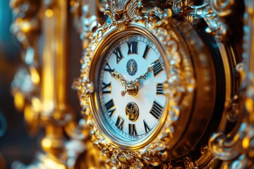 A luxurious gold clock with Roman numeral markings, ideal for use in corporate or luxury settings