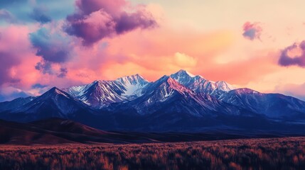 Majestic snow capped mountain range under a colorful painted sky