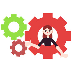 Cartoon character woman inside of a gear, business concept, technology concept
