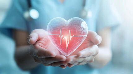 A doctor holding a red heart with an electrocardiogram line displayed on it.