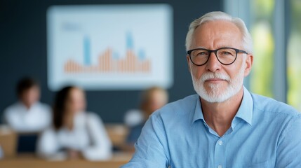 Business professional with gray beard and glasses in modern office environment during a team meeting focused on statistics and data analysis