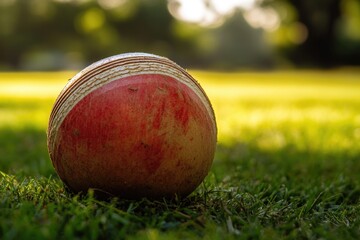 A red and white ball sits atop a vibrant green grass, ideal for use in sports or game themed designs