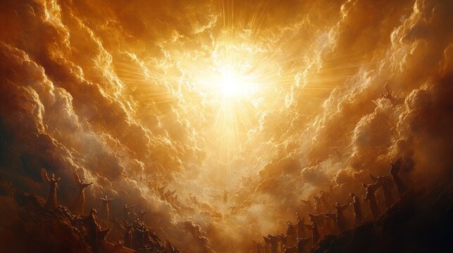 A celestial choir of angels sings as they lead souls towards a brilliant light, symbolizing hope amid the chaotic end times. This scene captures the essence of divine salvation and eternal fate
