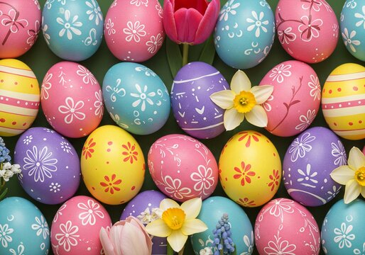 A close up of a bunch of colorful easter eggs with flower - Powered by Adobe