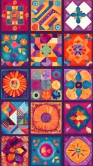 Vibrant Geometric Patterns and Kaleidoscopic Floral Designs in Retro Bohemian Inspired Mosaic Artwork