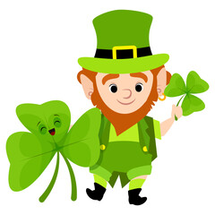 Leprechaun in green suit and hat with shamrock leaf for St. Patrick's Day