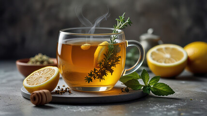 Hot mint and thyme tea with ginger root, lemon and honey, light concrete background. Herbal tea. Selective focus.