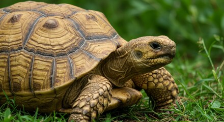 Obraz premium African Spurred Tortoise in Grassland - A close-up shot of an African spurred tortoise in a lush green field. Its textured shell and intricate markings are clearly visible