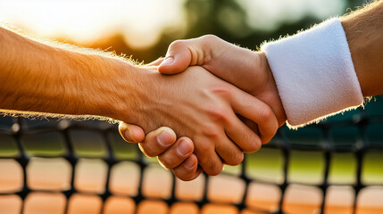 Close-up handshake between two tennis players on the court.