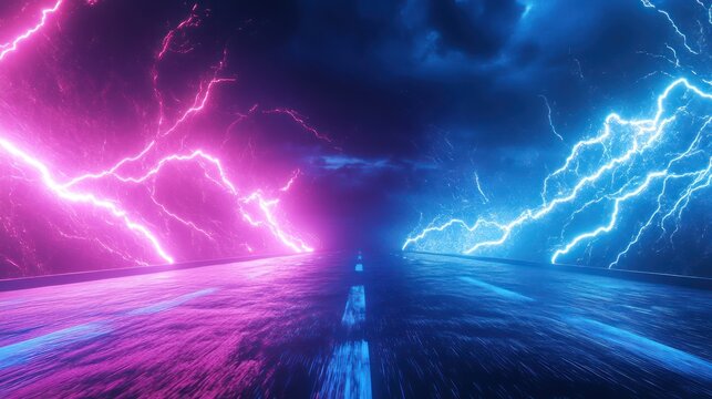 A straight road reflecting colorful lightning under a dark sky