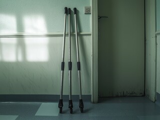 A pair of crutches left abandoned in a dimly lit hospital corridor