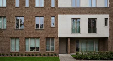 Naklejka premium Brown Brick and White Facade Residential Building - Modern home, brick exterior, clean lines, contemporary design, urban living. Symbolizes: comfort, security, , modernity, community