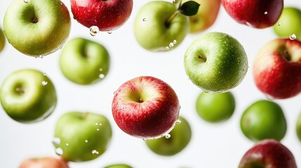 Crisp green apples and red apples suspended in mid-air against a clean white background, emphasizing freshness and contrast.