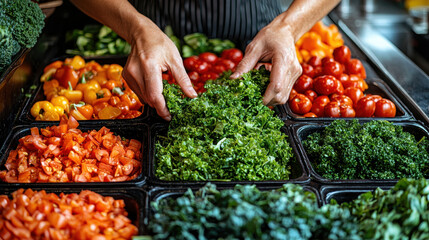 Obraz premium Hands prepare a vibrant salad with fresh vegetables highlighting the beauty of healthy eating for nourishment and recovery