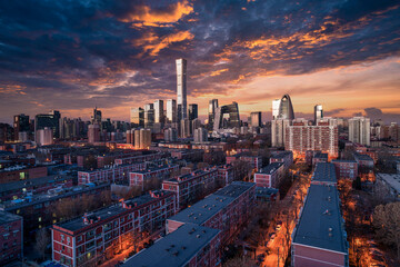 A bird's-eye view of the panorama of the urban building complex in Beijing, China at sunset