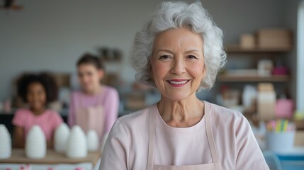 Smiling elderly woman in an art studio with children engaged in pottery activity