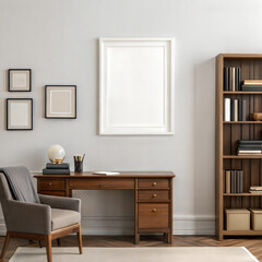 Classic home office with wooden furniture and blank frame on wall