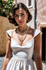 Young woman in white dress with layered pearl necklace in rustic European alley
