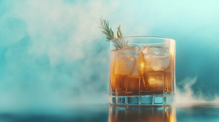 Smoky Whiskey Cocktail with Ice and Rosemary Garnish in a Crystal Glass