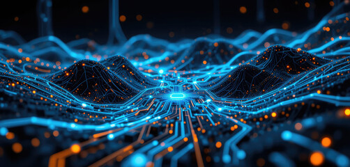 Digital Background With Glowing Electronic Circuit Board Perfect for Processor, Data Transfer and Encryption, Neural Networks, Education, Digital Archives, Science, Etc.