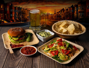 Gourmet Burger, Salad, and Chips Still Life with a Sunset Cityscape