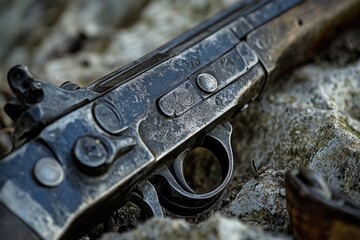A close-up view of a gun placed on a rock, great for use in crime scene or outdoor adventure scenarios