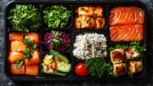 Digital tablet displaying food delivery app with various meal options next to a takeaway container showcasing food ordering convenience